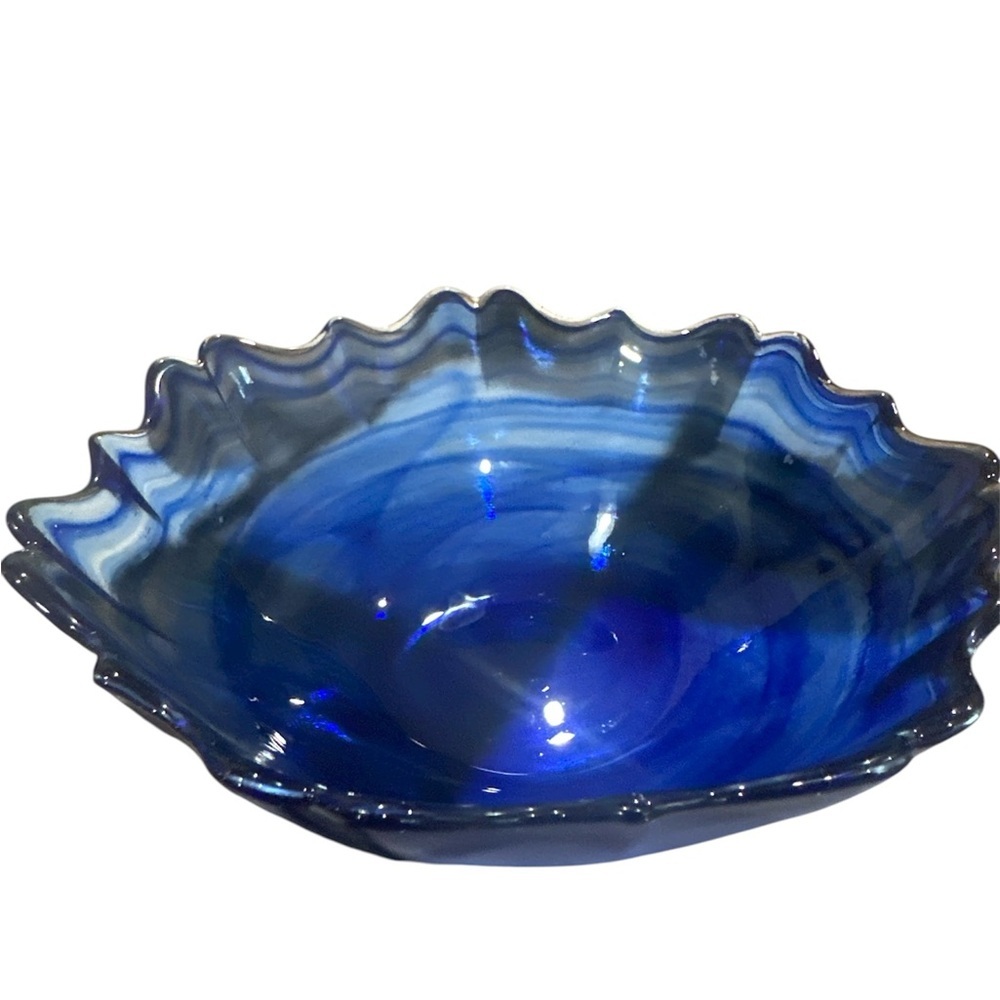 Cobalt Blue Ruffled Glass Bowl – Elegant Decorative Dish